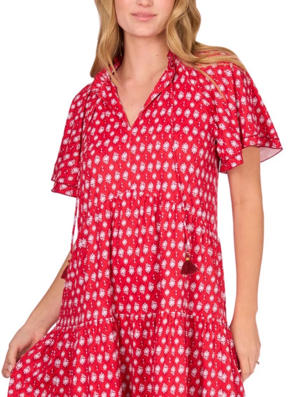 Cabana Life Red Printed Flutter-Sleeve Tunic Dress
